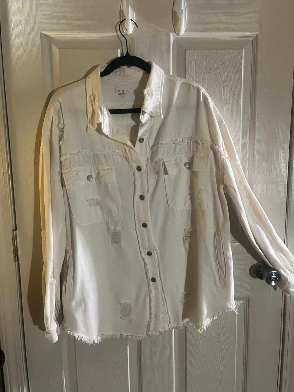White Pol Shacket, with distressed look, NWOT. Sz small